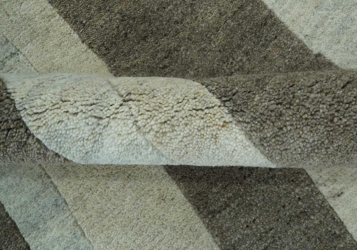 Custom Made Modern Geometrical Silver, Ivory and Charcoal Hand Knotted Wool area Rug.