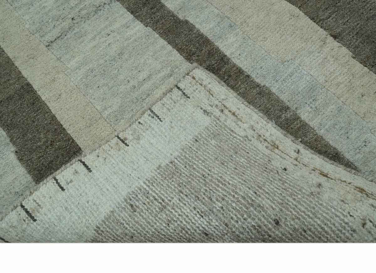 Custom Made Modern Geometrical Silver, Ivory and Charcoal Hand Knotted Wool area Rug.