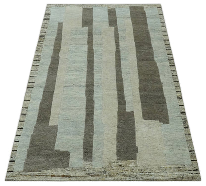 Custom Made Modern Geometrical Silver, Ivory and Charcoal Hand Knotted Wool area Rug.