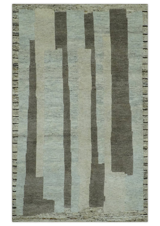 Custom Made Modern Geometrical Silver, Ivory and Charcoal Hand Knotted Wool area Rug.