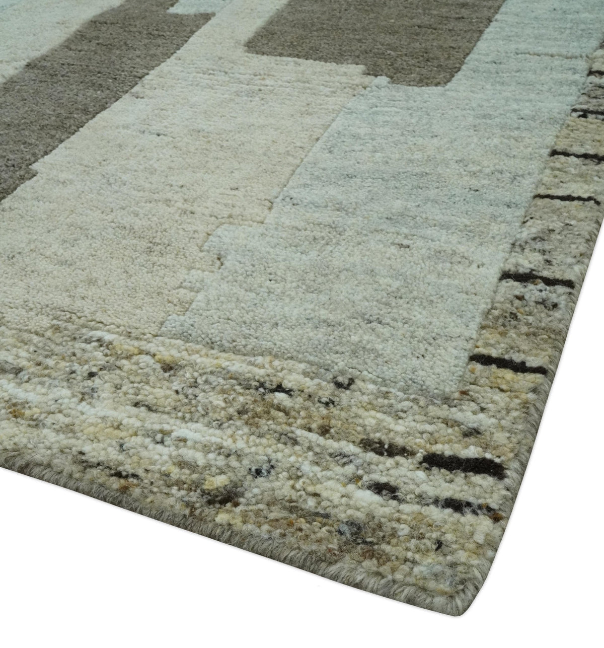 Custom Made Modern Geometrical Silver, Ivory and Charcoal Hand Knotted Wool area Rug.
