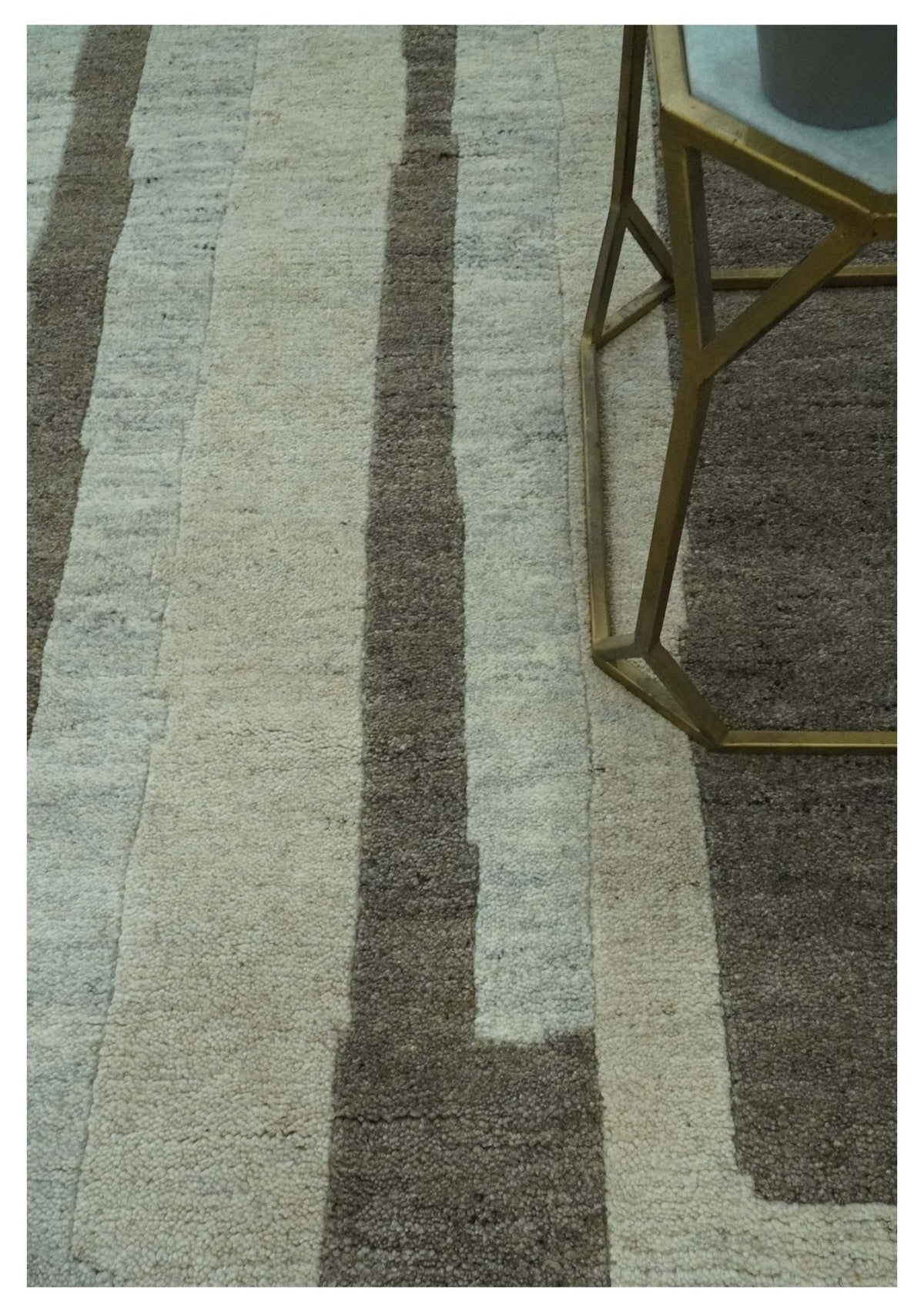 Custom Made Modern Geometrical Silver, Ivory and Charcoal Hand Knotted Wool area Rug.