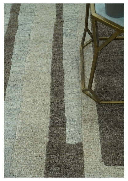 Custom Made Modern Geometrical Silver, Ivory and Charcoal Hand Knotted Wool area Rug.