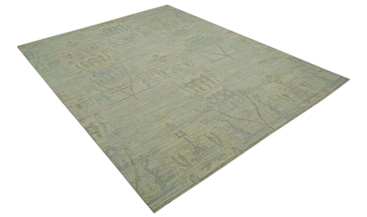 Custom Made Modern Ikat Design Beige And Blue Hand Knotted Wool Area Rug.