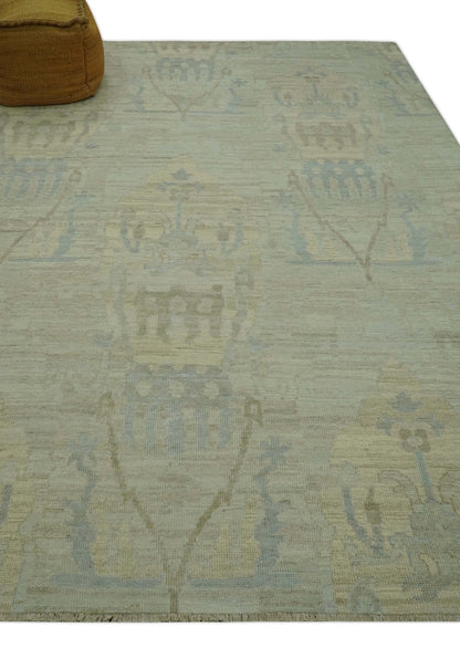 Custom Made Modern Ikat Design Beige And Blue Hand Knotted Wool Area Rug.