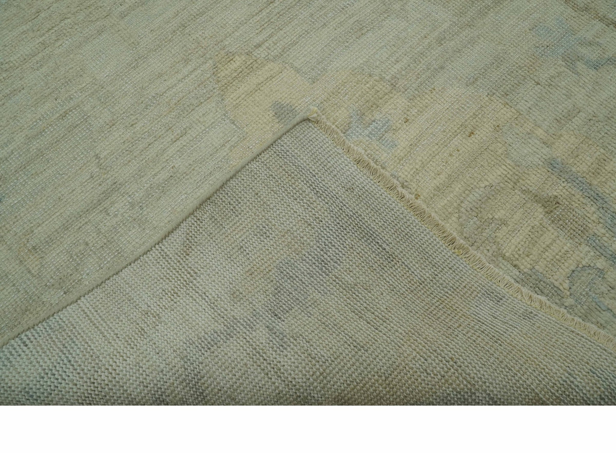 Custom Made Modern Ikat Design Beige And Blue Hand Knotted Wool Area Rug.