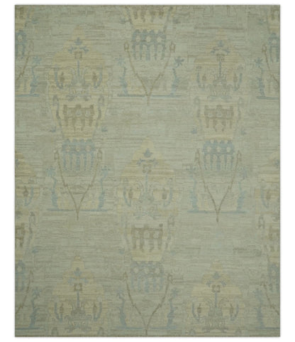 Custom Made Modern Ikat Design Beige And Blue Hand Knotted Wool Area Rug.