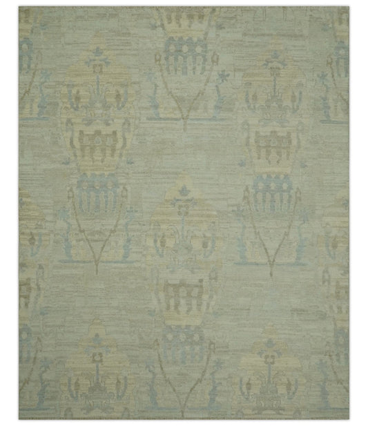 Custom Made Modern Ikat Design Beige And Blue Hand Knotted Wool Area Rug.