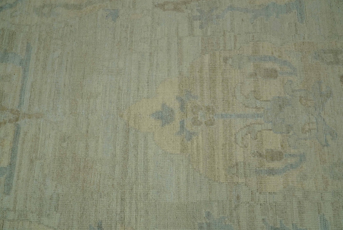 Custom Made Modern Ikat Design Beige And Blue Hand Knotted Wool Area Rug.