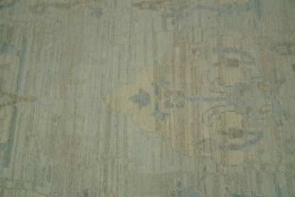 Custom Made Modern Ikat Design Beige And Blue Hand Knotted Wool Area Rug.