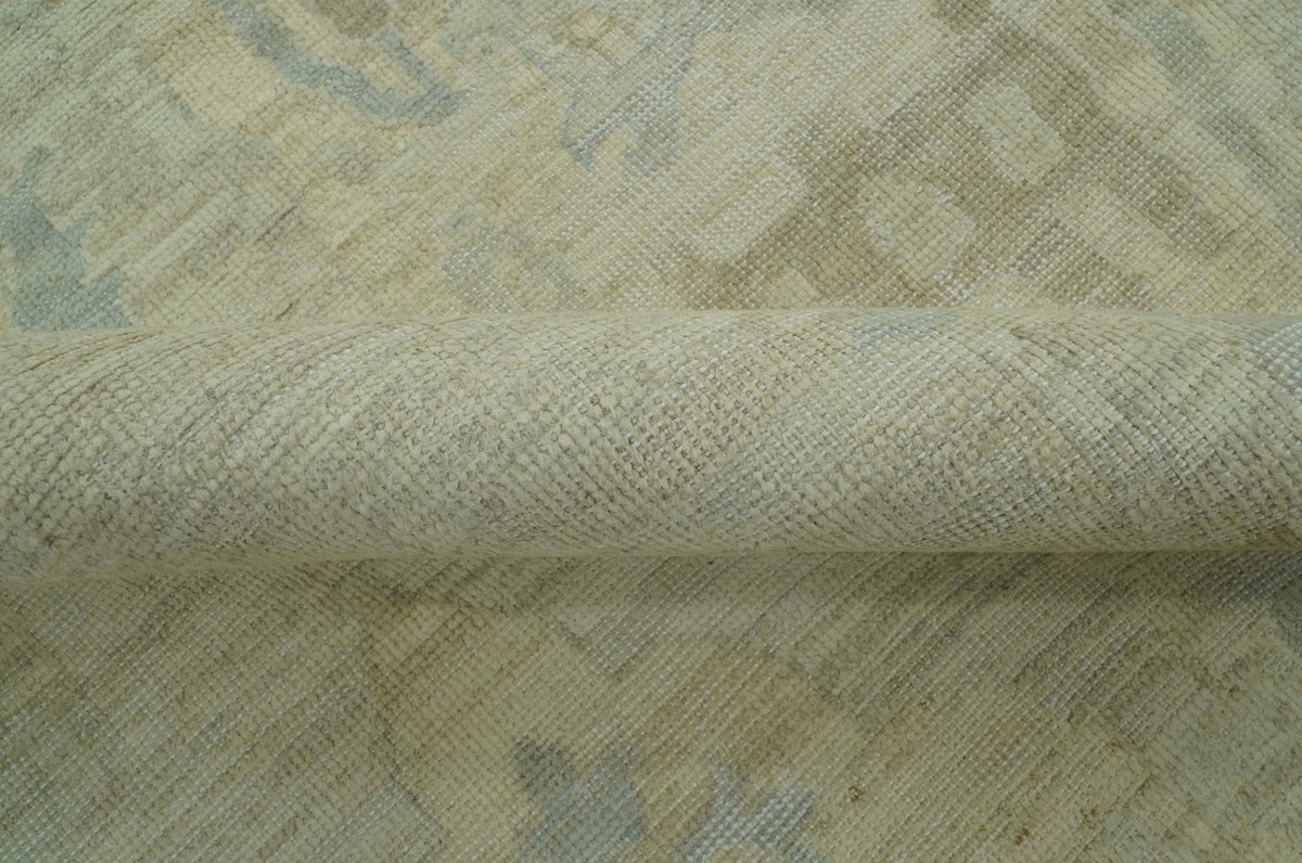Custom Made Modern Ikat Design Beige And Blue Hand Knotted Wool Area Rug.