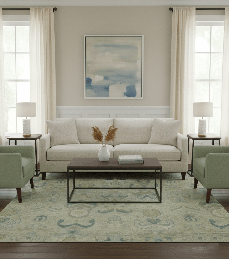 Custom Made Modern Ikat Design Beige And Blue Hand Knotted Wool Area Rug.