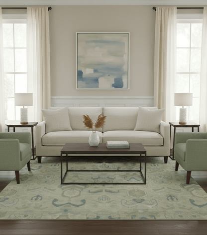 Custom Made Modern Ikat Design Beige And Blue Hand Knotted Wool Area Rug.