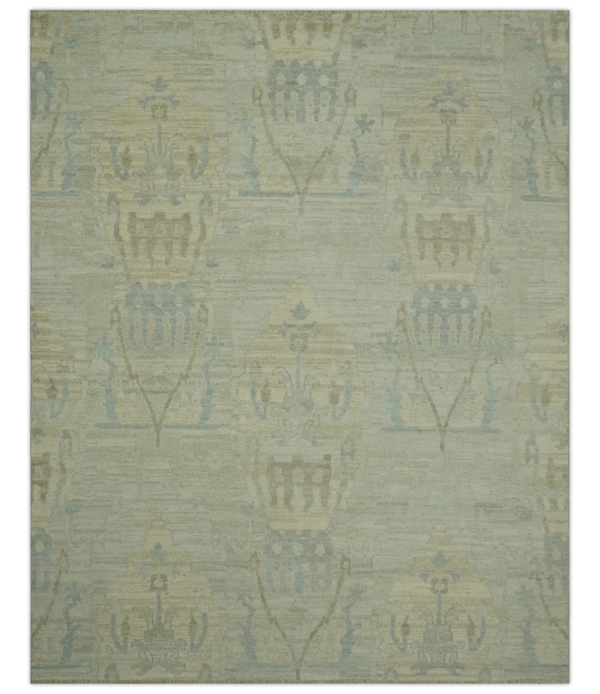 Custom Made Modern Ikat Design Beige And Blue Hand Knotted Wool Area Rug.