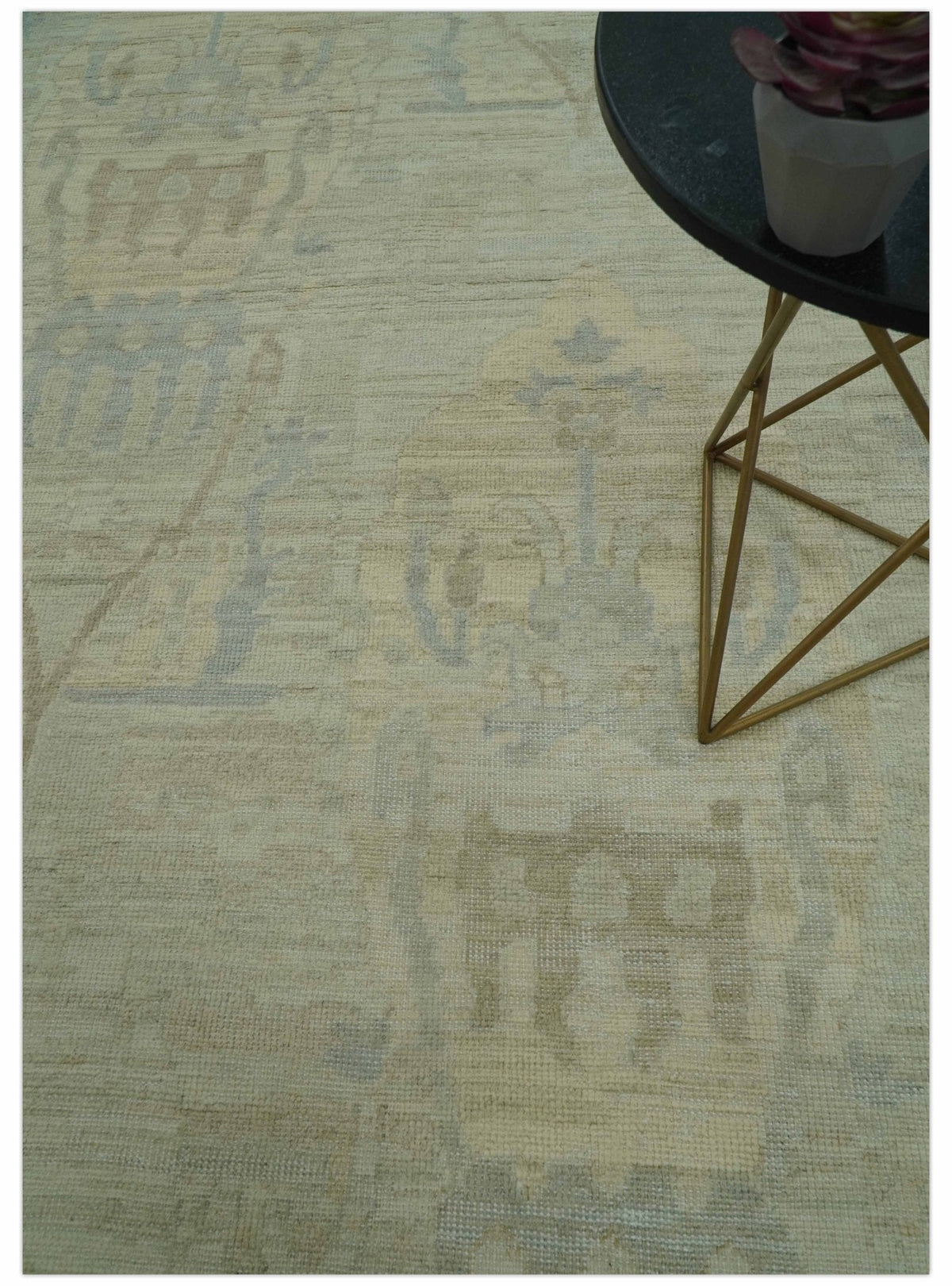 Custom Made Modern Ikat Design Beige And Blue Hand Knotted Wool Area Rug.