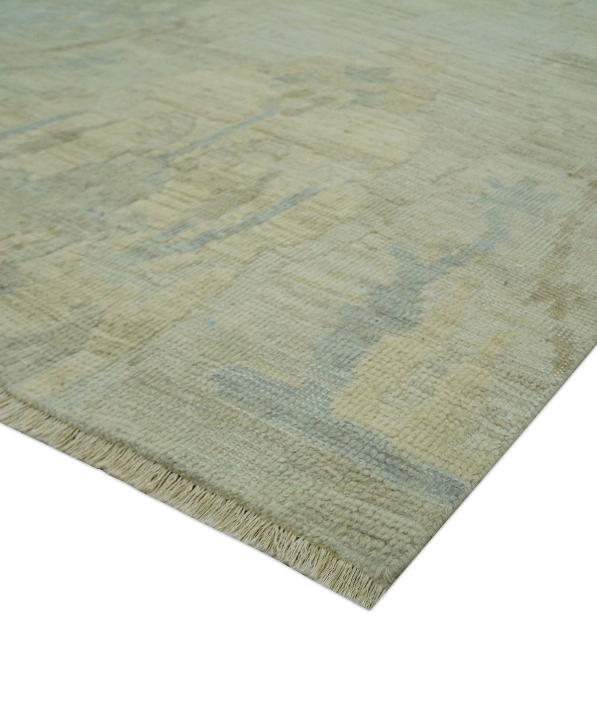 Custom Made Modern Ikat Design Beige And Blue Hand Knotted Wool Area Rug.