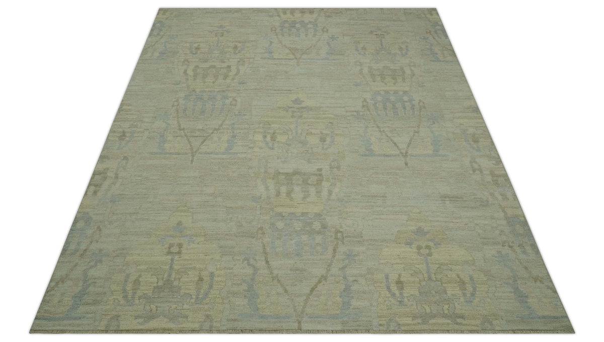 Custom Made Modern Ikat Design Beige And Blue Hand Knotted Wool Area Rug.