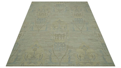 Custom Made Modern Ikat Design Beige And Blue Hand Knotted Wool Area Rug.