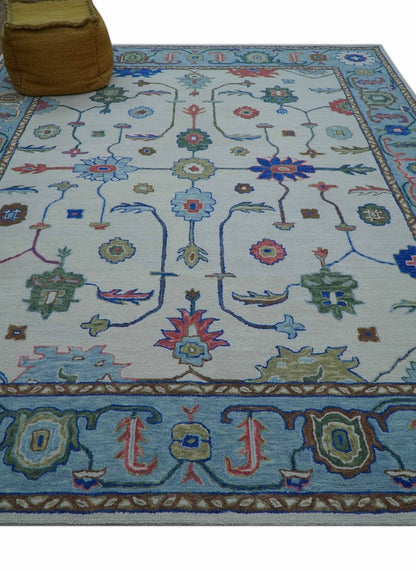 Custom Made Modern Oushak Ivory And Blue Hand Tufted Wool Area Rug.