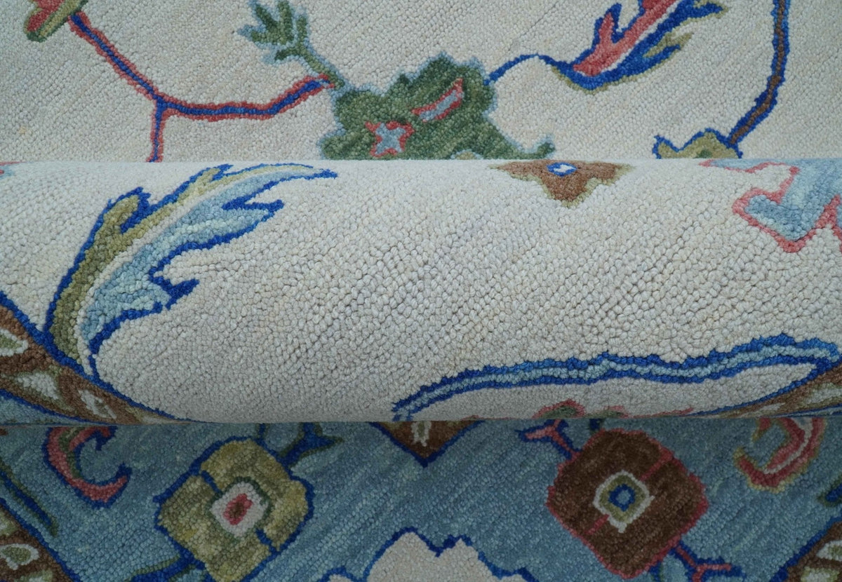 Custom Made Modern Oushak Ivory And Blue Hand Tufted Wool Area Rug.