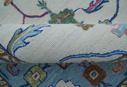Custom Made Modern Oushak Ivory And Blue Hand Tufted Wool Area Rug.