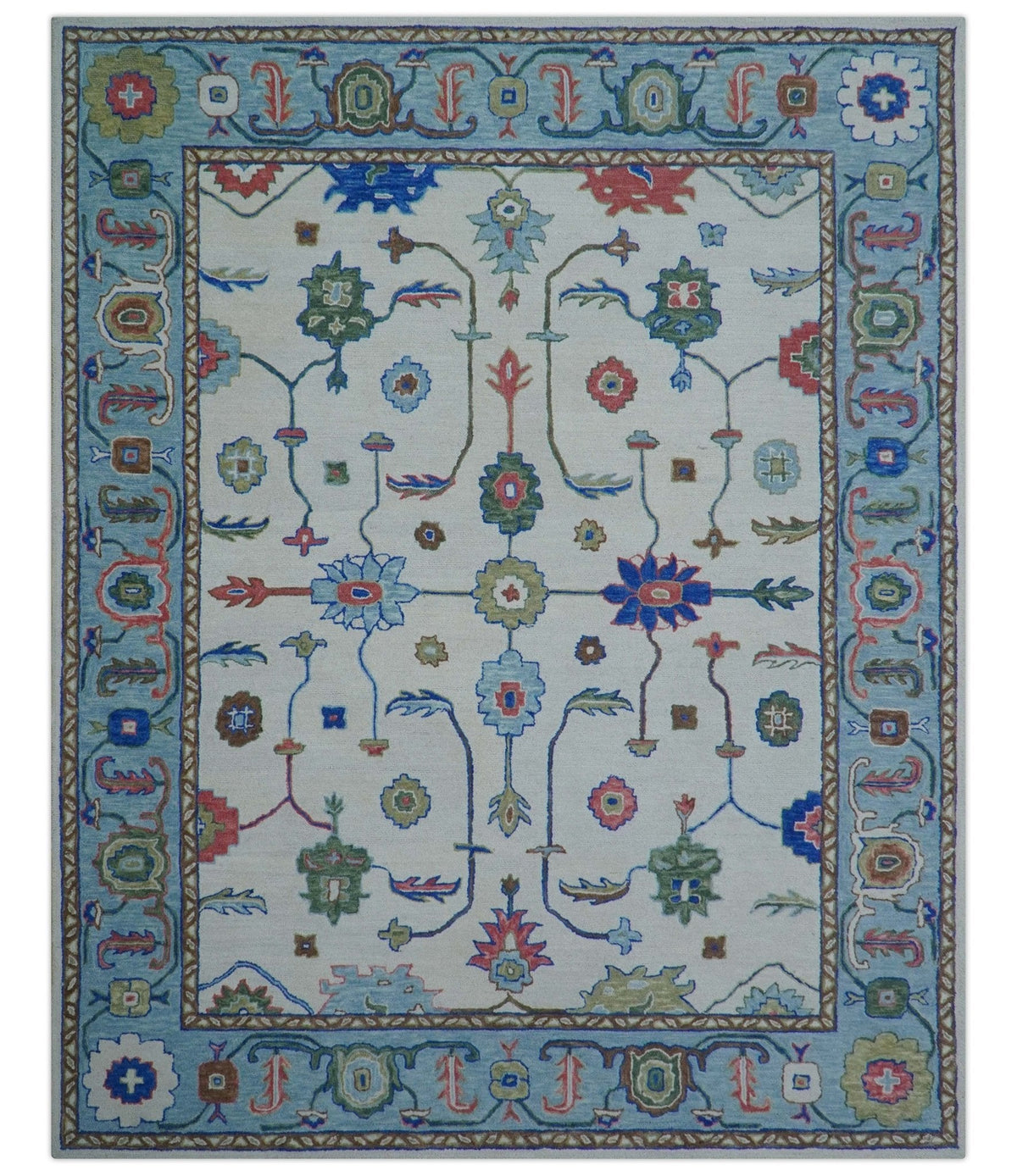 Custom Made Modern Oushak Ivory And Blue Hand Tufted Wool Area Rug.