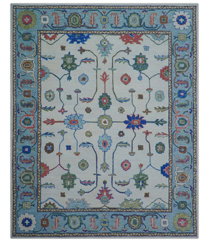 Custom Made Modern Oushak Ivory And Blue Hand Tufted Wool Area Rug.