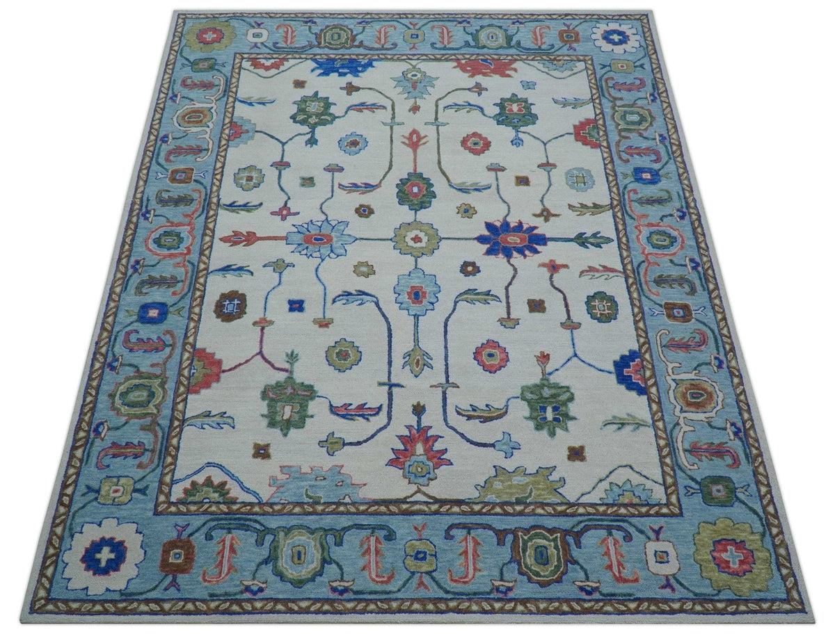 Custom Made Modern Oushak Ivory And Blue Hand Tufted Wool Area Rug.