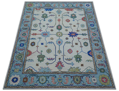 Custom Made Modern Oushak Ivory And Blue Hand Tufted Wool Area Rug.