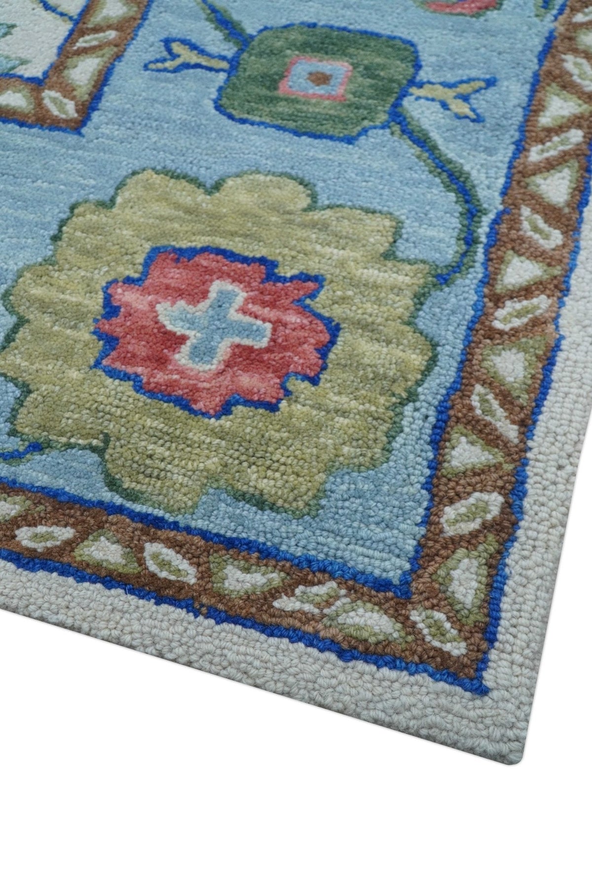 Custom Made Modern Oushak Ivory And Blue Hand Tufted Wool Area Rug.