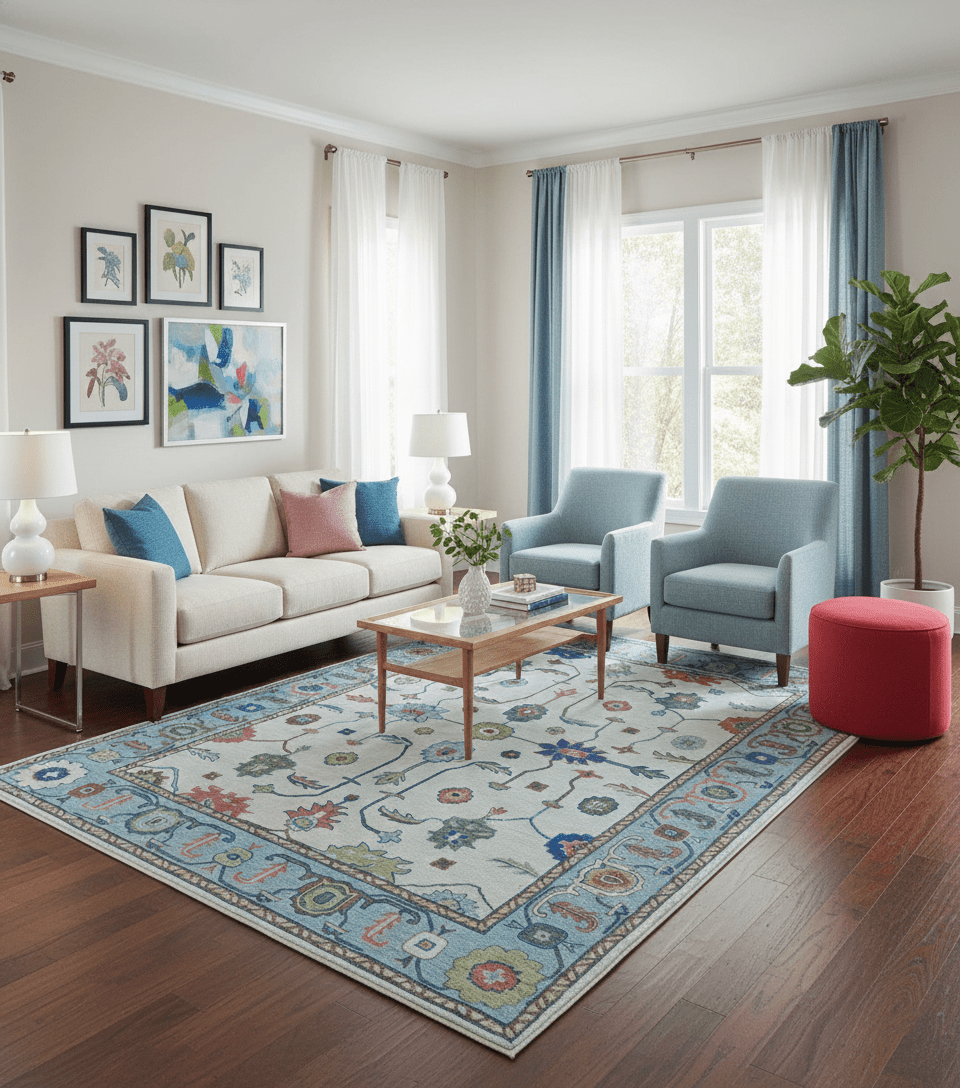 Custom Made Modern Oushak Ivory And Blue Hand Tufted Wool Area Rug.