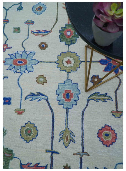 Custom Made Modern Oushak Ivory And Blue Hand Tufted Wool Area Rug.