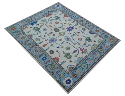 Custom Made Modern Oushak Ivory And Blue Hand Tufted Wool Area Rug.