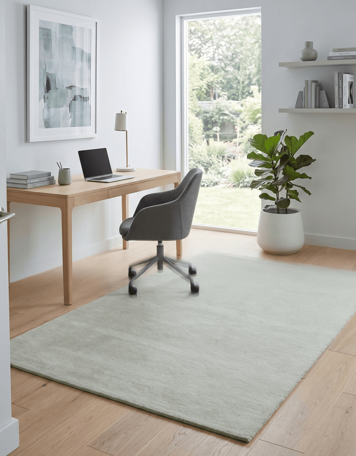 Custom Made Modern Solid Ivory Hand Tufted Wool Rug.