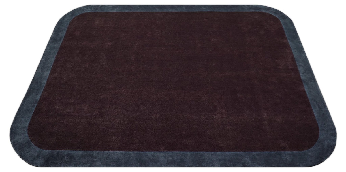 Custom Made Modern Solid Maroon And Gray Hand Knotted Wool And Art Silk Rug.