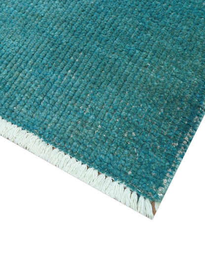 Custom Made Modern Solid Overdyed Blue Hand Knotted Wool Area Rug.