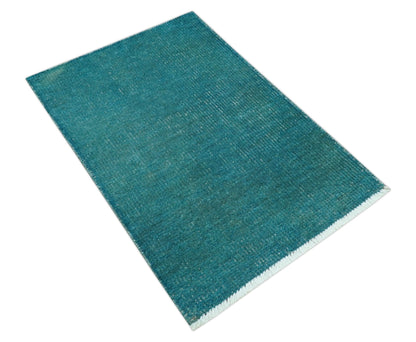 Custom Made Modern Solid Overdyed Blue Hand Knotted Wool Area Rug.
