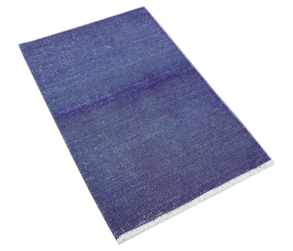 Custom Made Modern Solid Overdyed Blue Hand Knotted Wool Area Rug.
