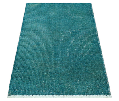 Custom Made Modern Solid Overdyed Blue Hand Knotted Wool Area Rug.