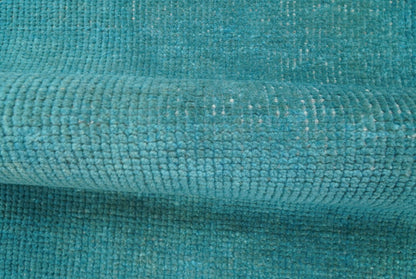 Custom Made Modern Solid Overdyed Blue Hand Knotted Wool Area Rug.