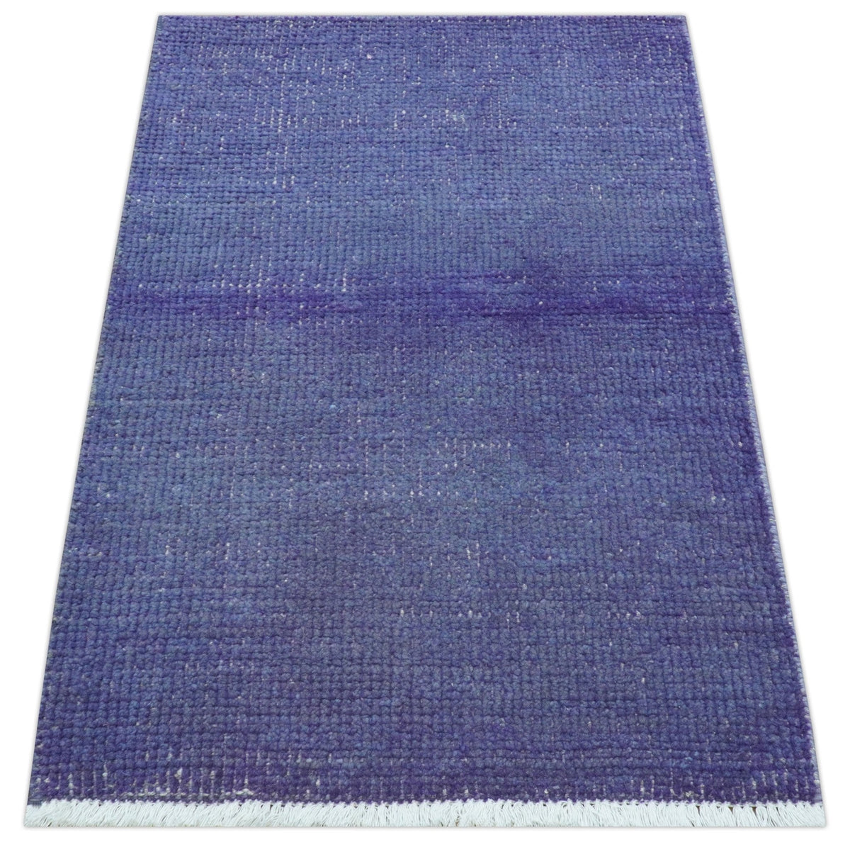 Custom Made Modern Solid Overdyed Blue Hand Knotted Wool Area Rug.