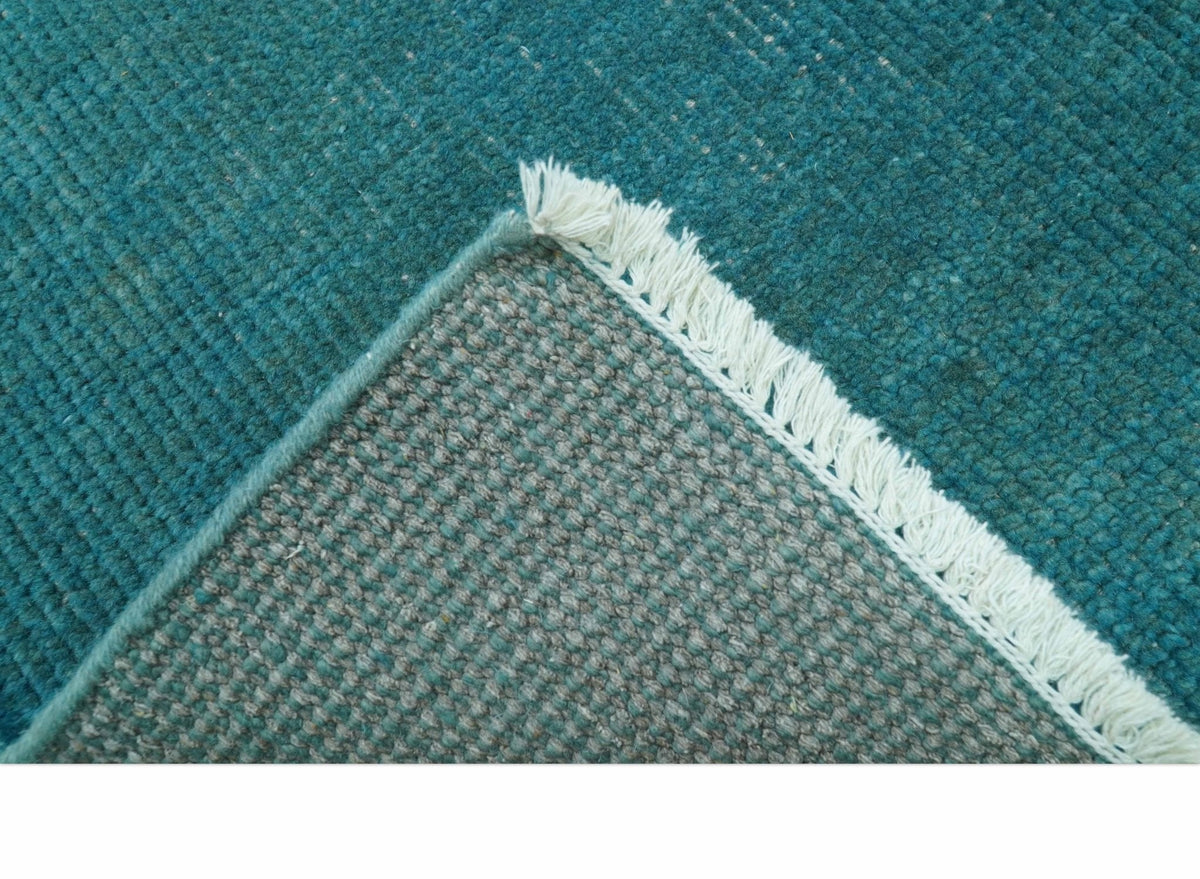 Custom Made Modern Solid Overdyed Blue Hand Knotted Wool Area Rug.