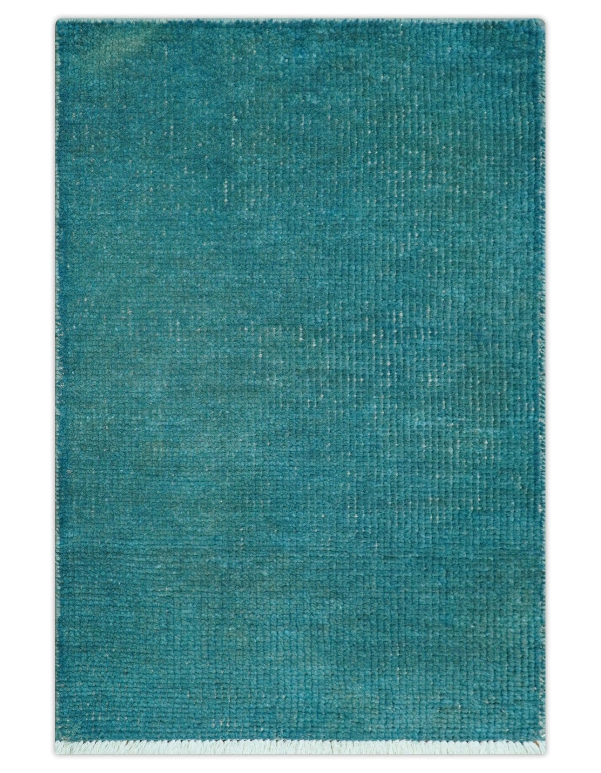 Custom Made Modern Solid Overdyed Blue Hand Knotted Wool Area Rug.