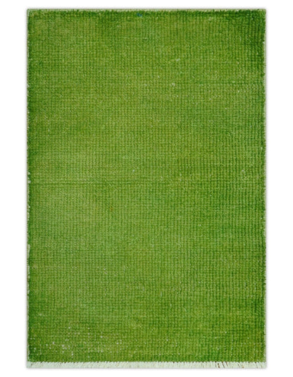 Custom Made Modern Solid Overdyed Green Hand Knotted Wool Area Rug.