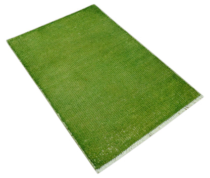 Custom Made Modern Solid Overdyed Green Hand Knotted Wool Area Rug.