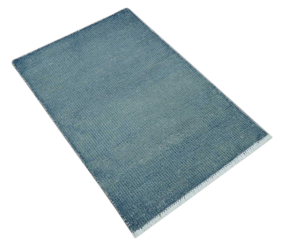 Custom Made Modern Solid Overdyed Light Blue Hand Knotted Wool Area Rug.