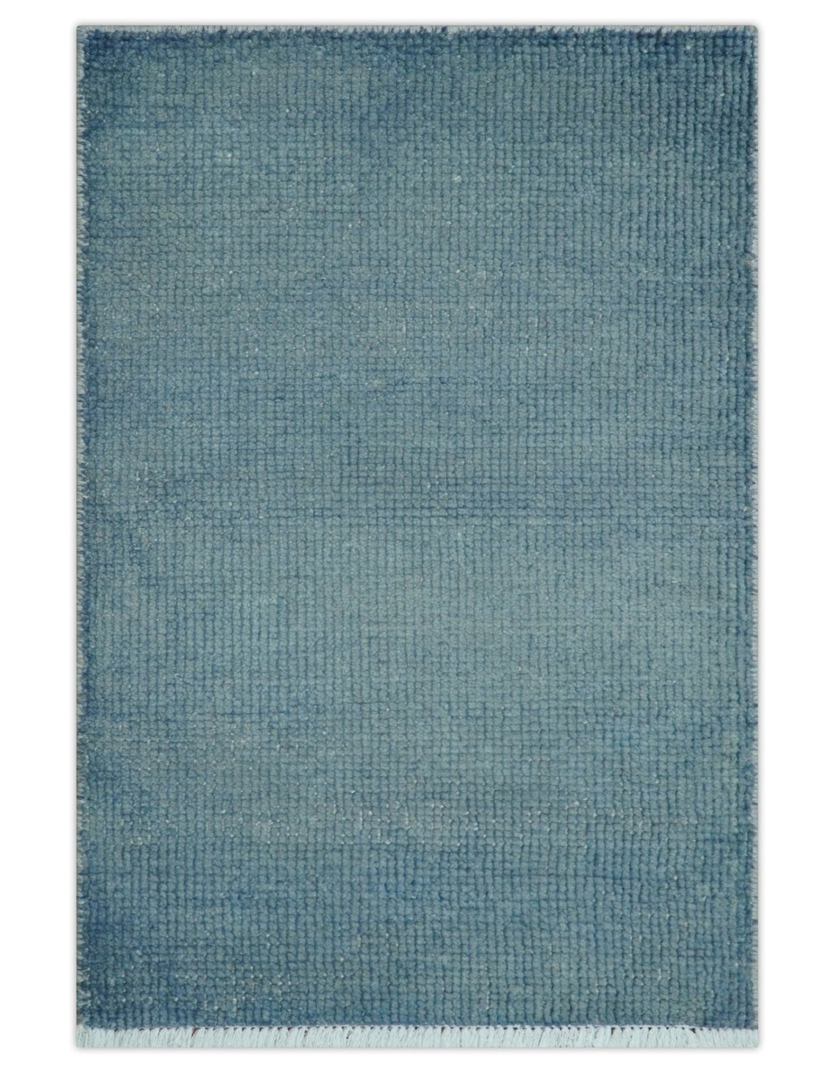 Custom Made Modern Solid Overdyed Light Blue Hand Knotted Wool Area Rug.