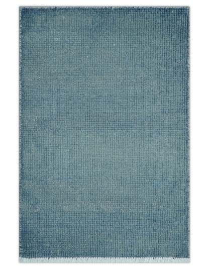 Custom Made Modern Solid Overdyed Light Blue Hand Knotted Wool Area Rug.