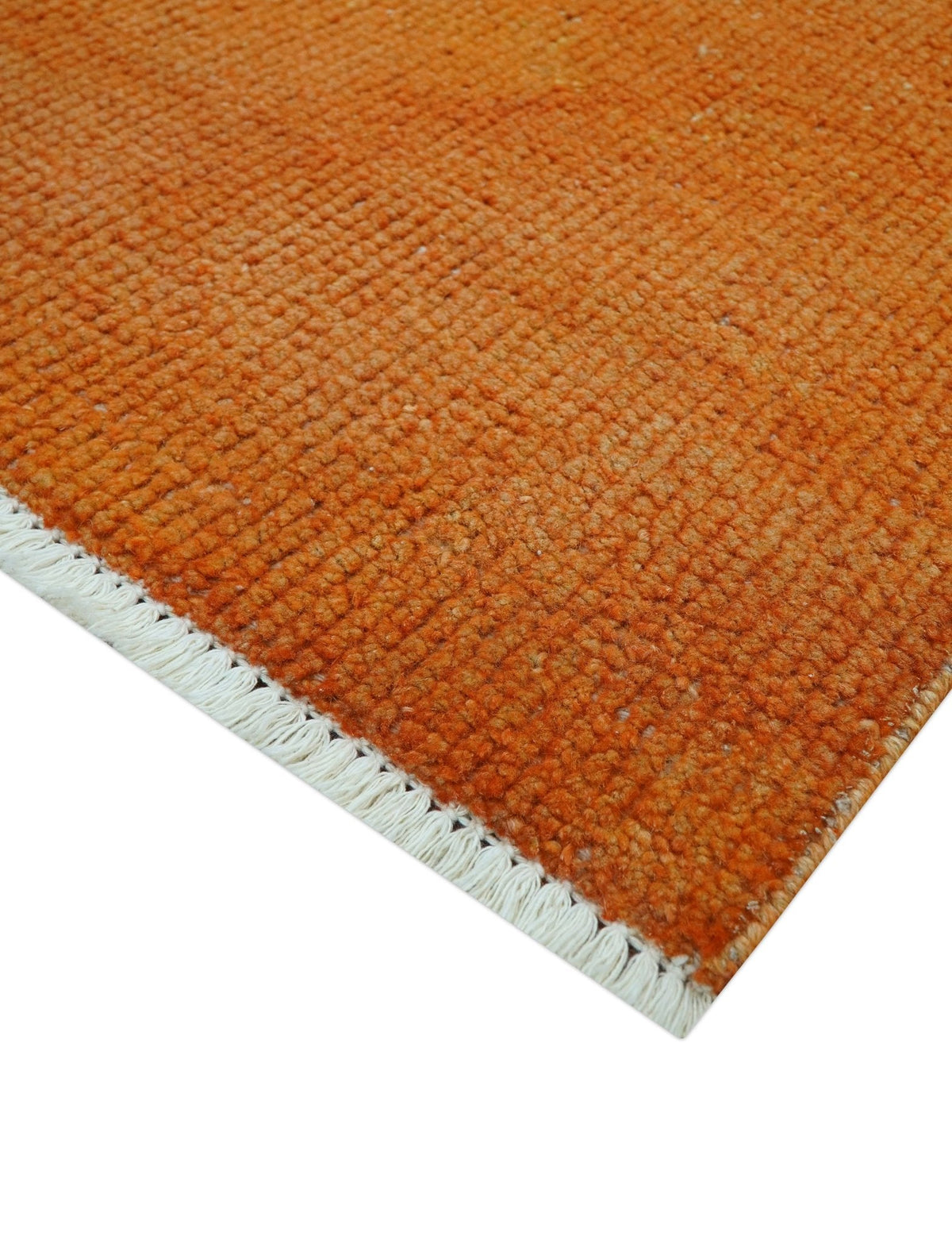 Custom Made Modern Solid Overdyed Orange Hand Knotted Wool Area Rug.
