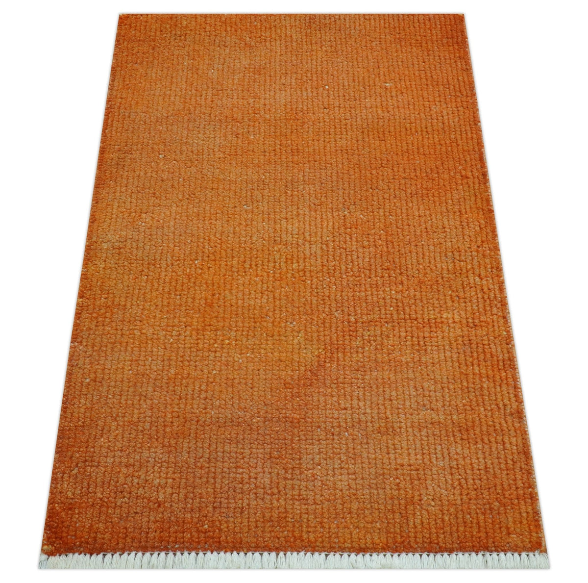 Custom Made Modern Solid Overdyed Orange Hand Knotted Wool Area Rug.